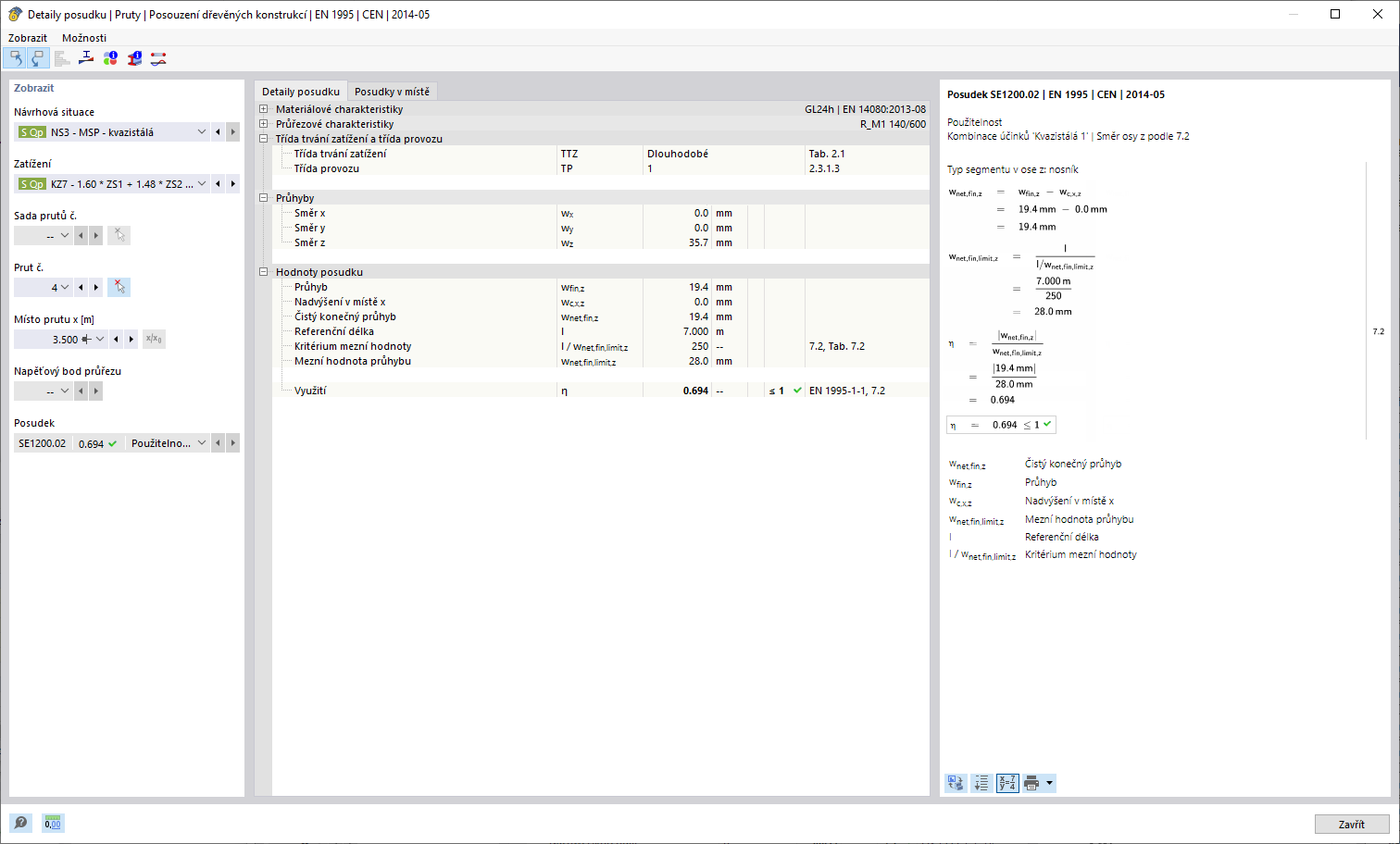 Detaily posudku pro posouzení průhybu příčného nosníku