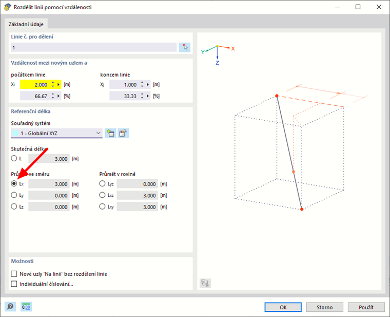 Dialogové okno "Rozdělit linii pomocí vzdáleností"