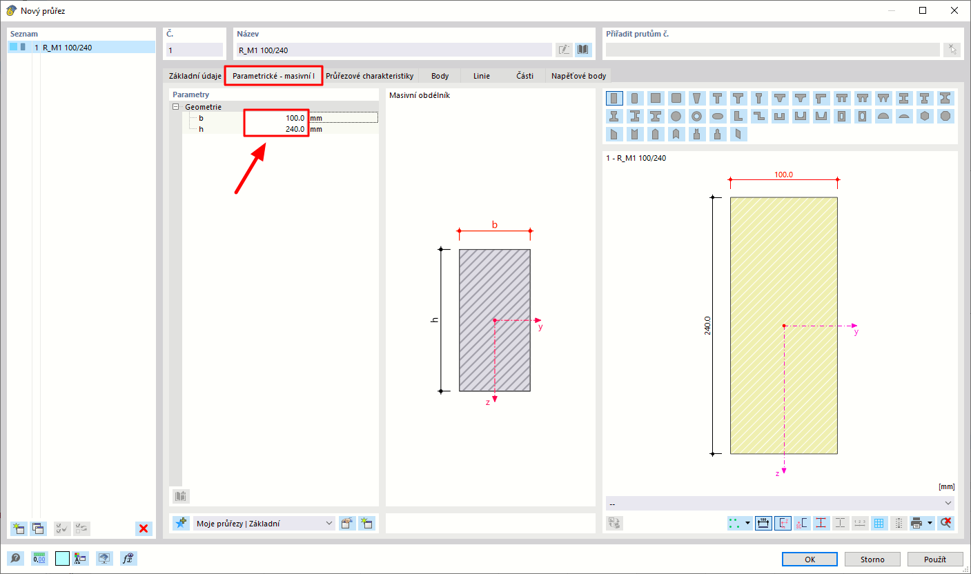 Definování rozměru průřezu