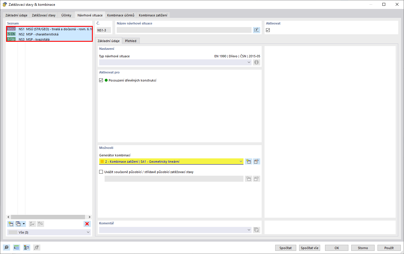Nastavení generátoru kombinací