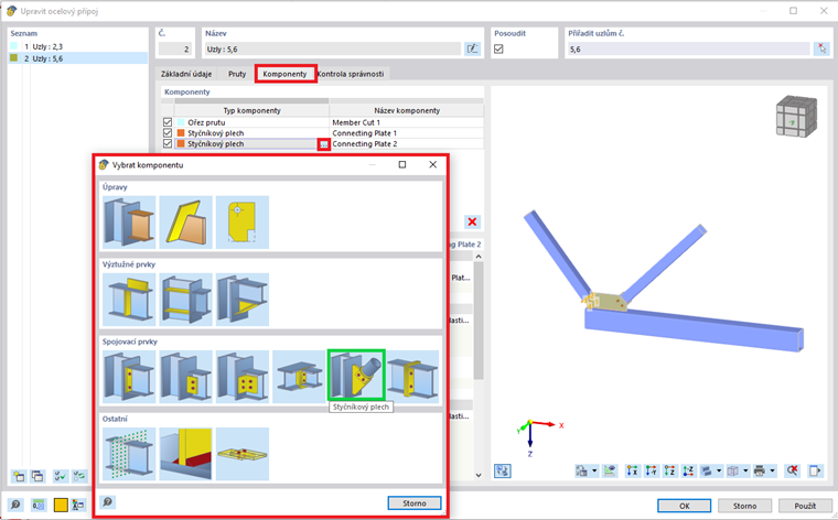 Vložení styčníkového plechu z databáze