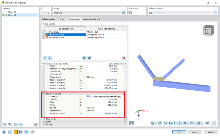 Nastavení pro připojovací plech