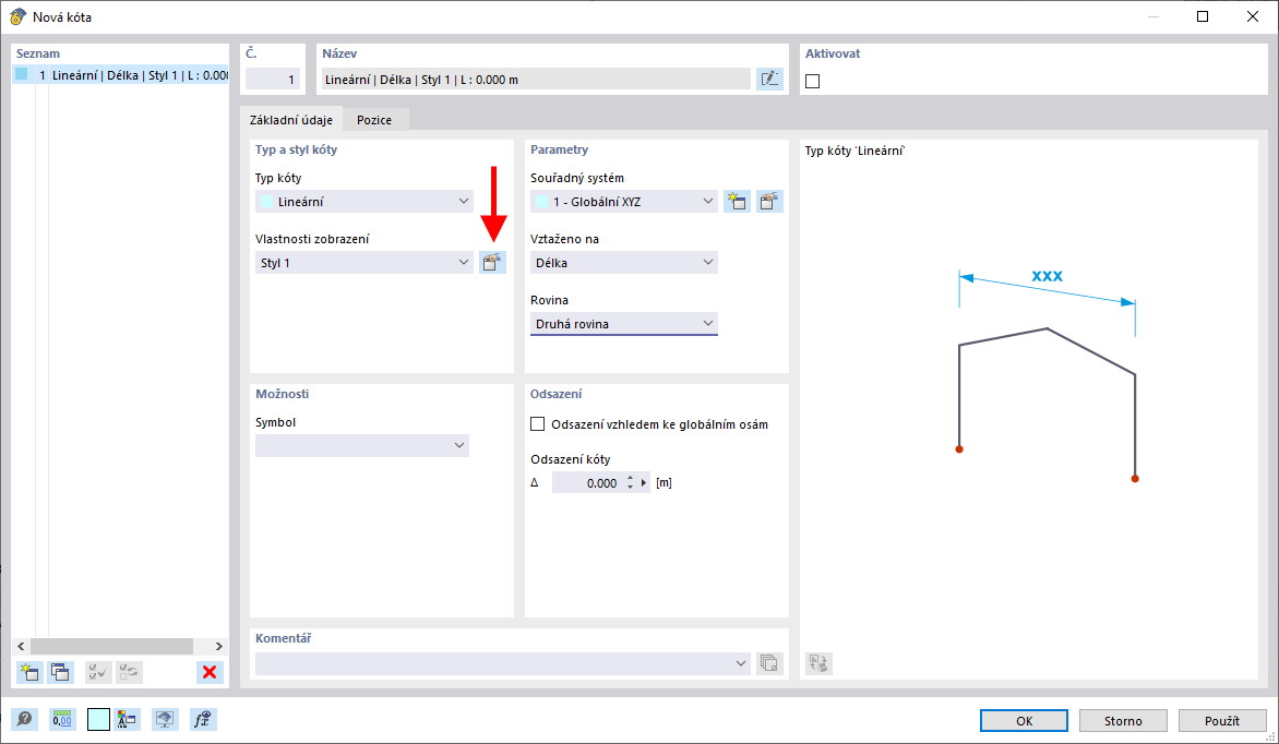Otevřít nastavení zobrazení kóty
