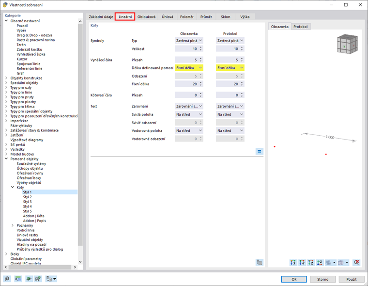 Nastavte pevnou délku vynášecích linií