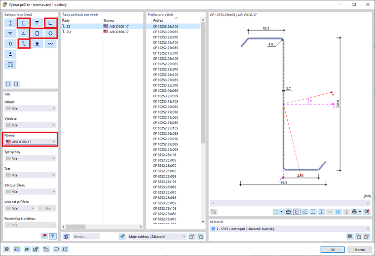 FAQ 005376 | Které normované průřezy jsou k dispozici pro posouzení oceli tvarované za studena podle AISI v programu RFEM 6?