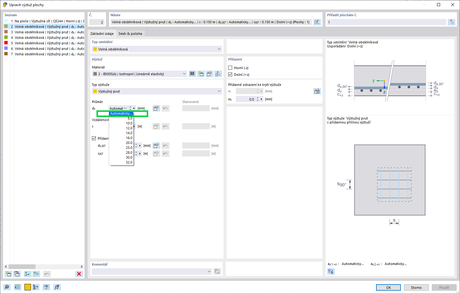 KB 001842 | Dialog Upravit výztuž plochy - funkce automatického dimenzování