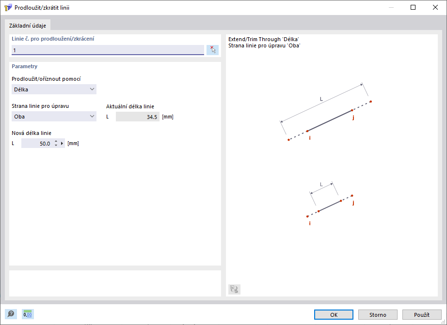 Dialogové okno „Prodloužit/ořezat linii“
