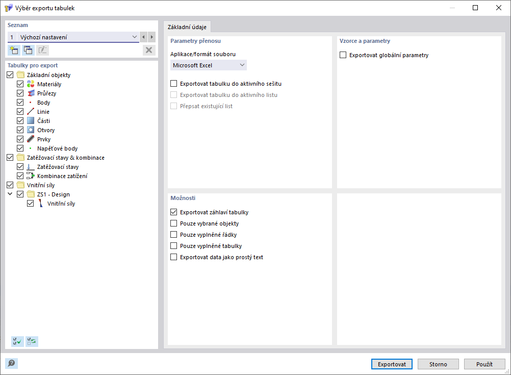Dialog "Selektor pro export tabulek"