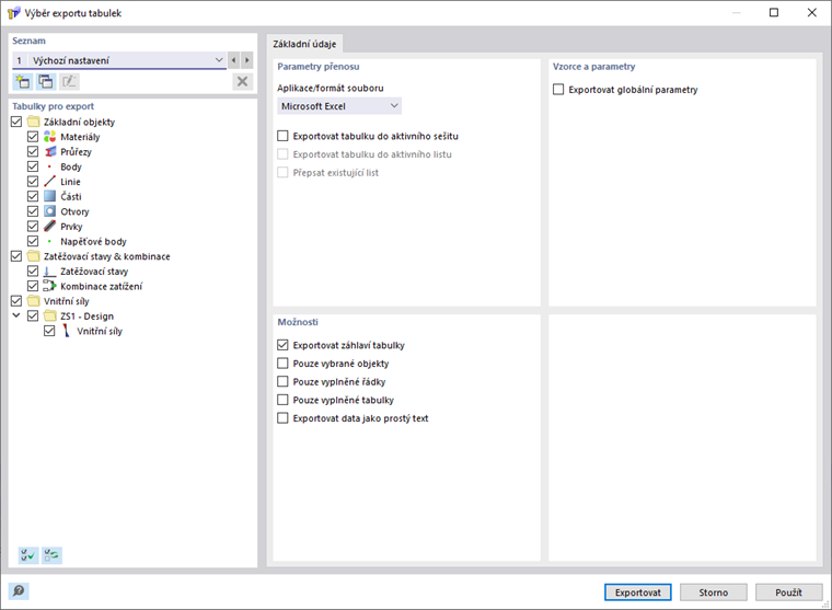 Dialog "Selektor pro export tabulek"