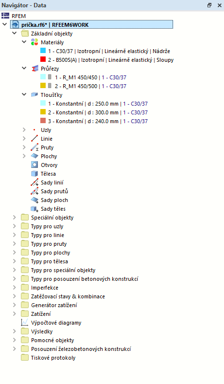 Údaje o modelu betonové budovy