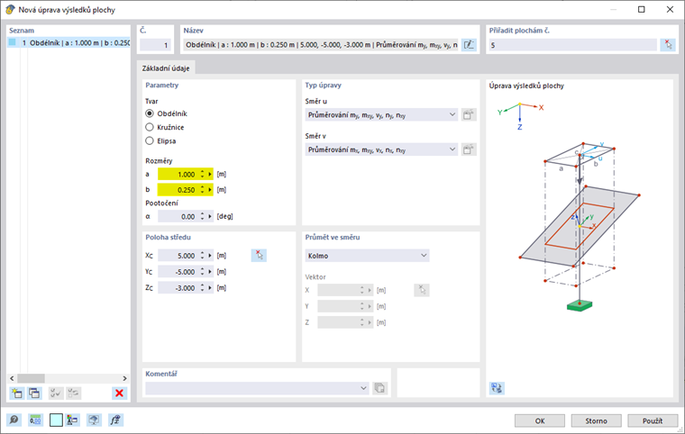 Rozměry úpravy výsledků plochy