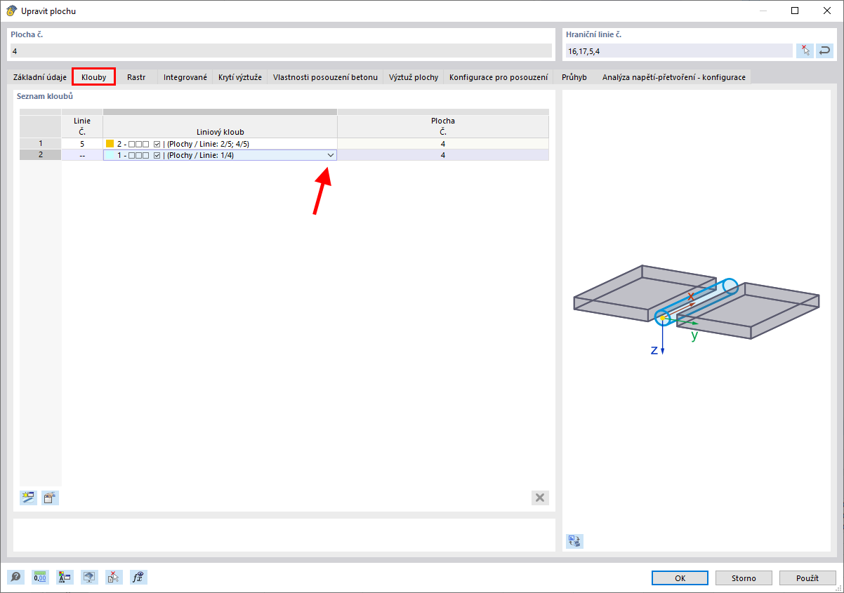 Přiřadit liniový kloub