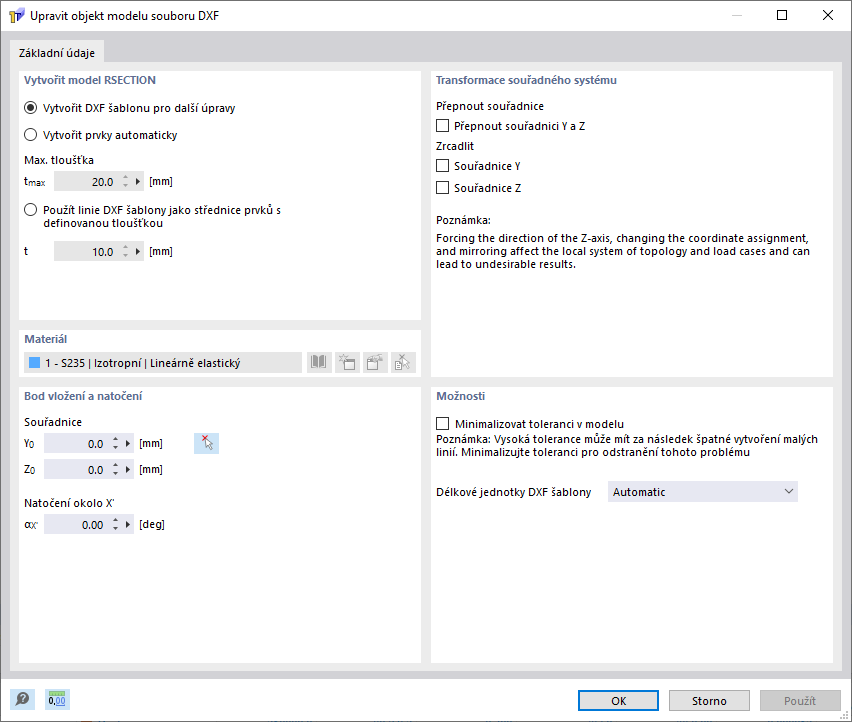 Dialogové okno „Upravit objekt modelu souboru DXF“