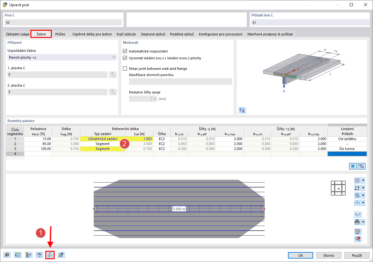 Rozměry pásnice druhého žebra