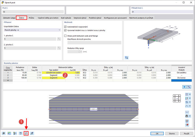 Rozměry pásnice druhého žebra