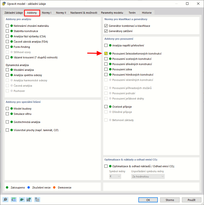 Aktivovat addon Posouzení betonových konstrukcí