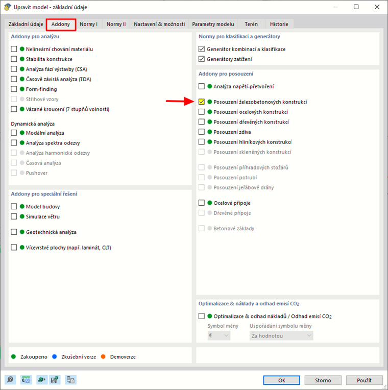 Aktivovat addon Posouzení betonových konstrukcí