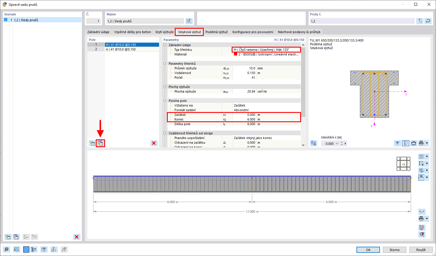 Rozdělit smykovou výztuž sady prutů