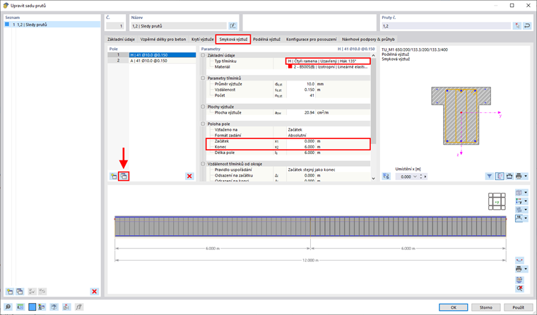 Rozdělit smykovou výztuž sady prutů