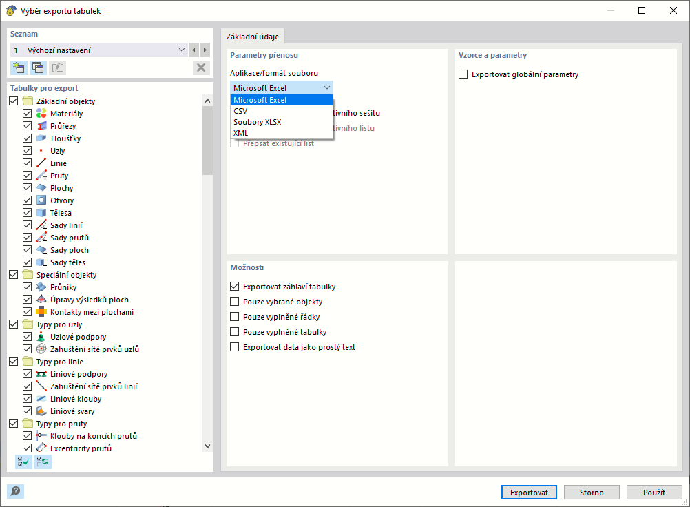 Nastavení pro export tabulek
