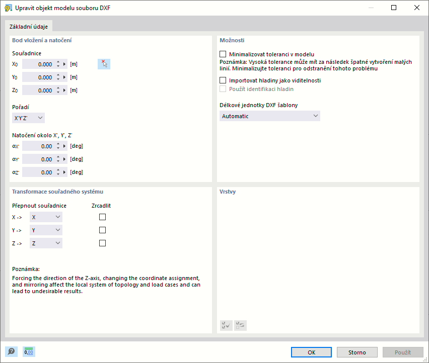 Nastavení pro import DXF