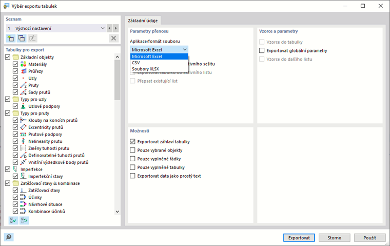Nastavení pro export tabulek