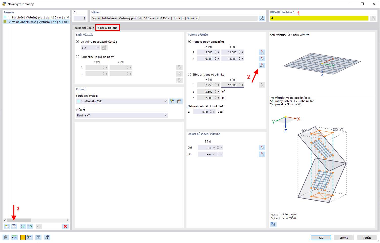 Nová výztuž plochy: Směr a umístění