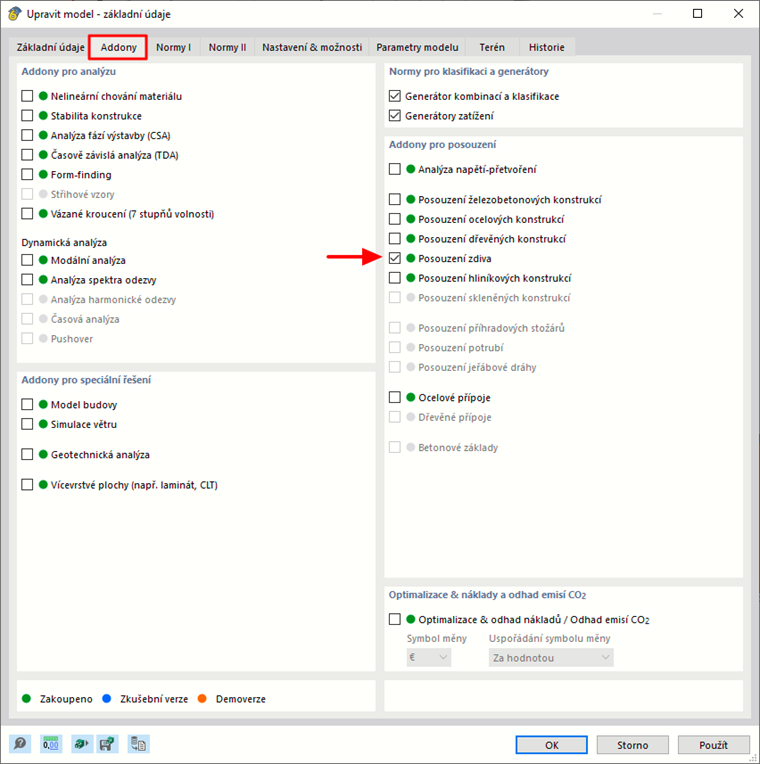 Aktivace addonu pro návrh zdiva v rozhraní softwaru. Je uveden postup nastavení.