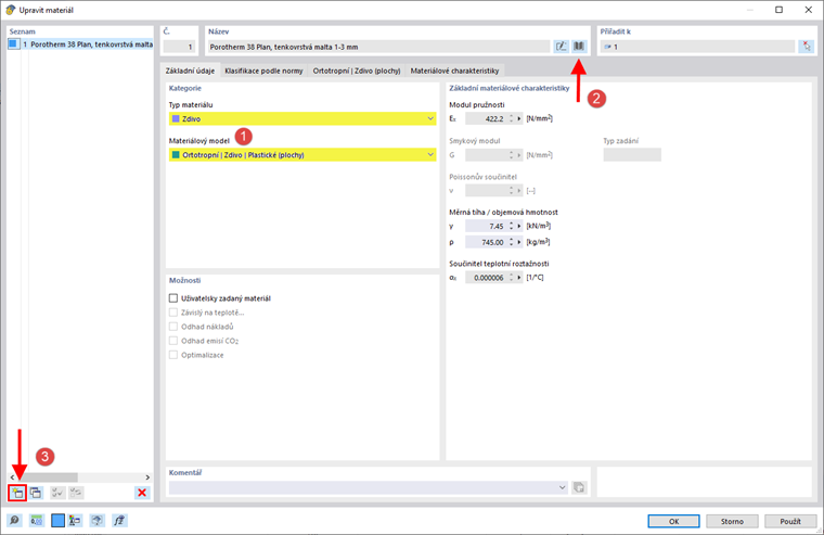 Uživatelské rozhraní pro definování nových stavebních materiálů s informacemi o jejich fyzikálních vlastnostech a kategoriích použití v softwaru. Nejsou vidět žádné další ovládací prvky.