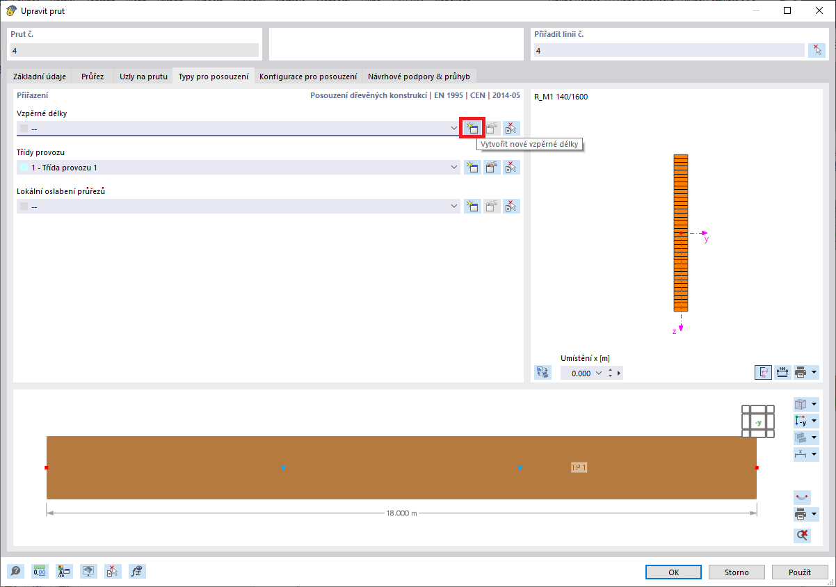 Nová vzpěrná délka pomocí okna Prut