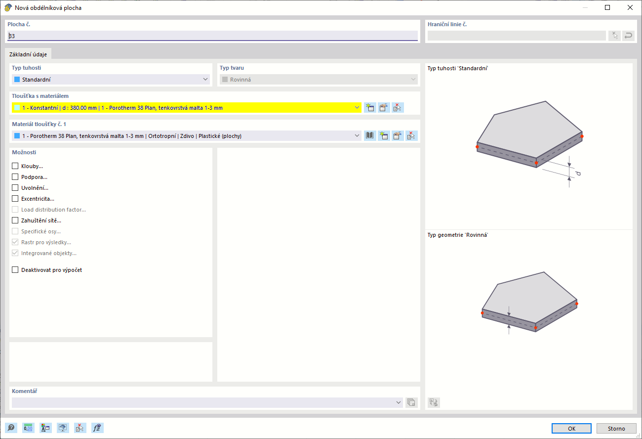 Dialogové okno ukazující možnosti pro vytvoření nové plochy, včetně výběru materiálu a geometrických nastavení.