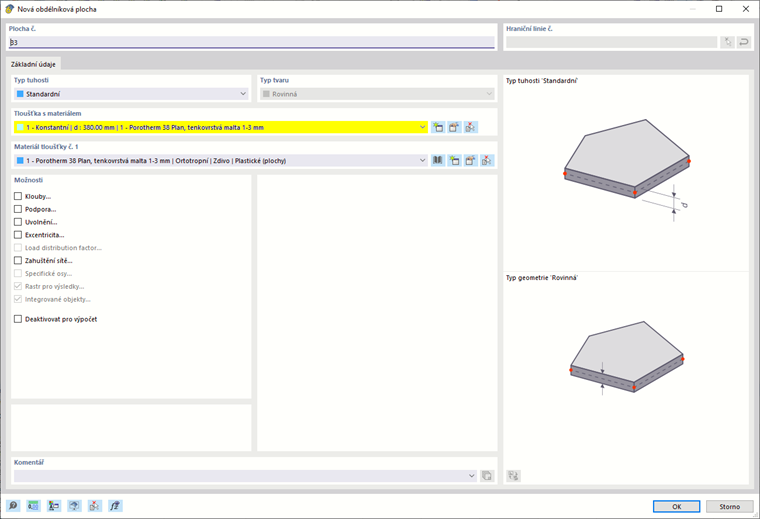 Dialogové okno ukazující možnosti pro vytvoření nové plochy, včetně výběru materiálu a geometrických nastavení.