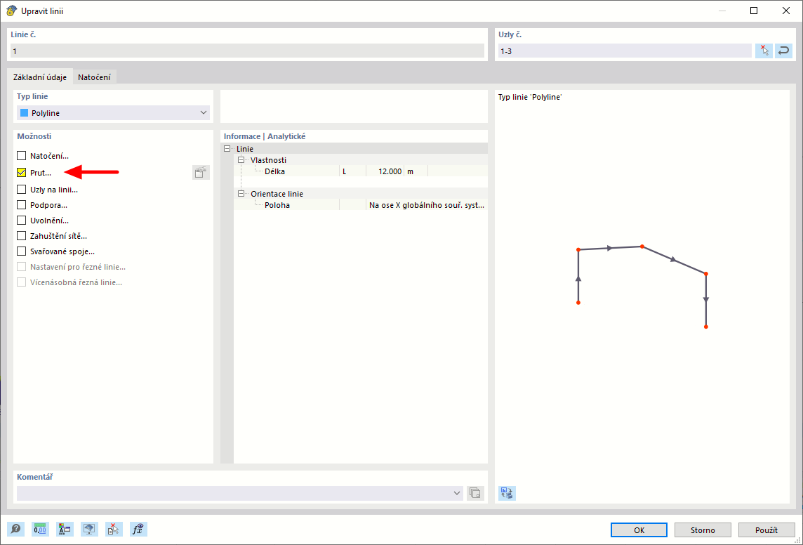 Možnost pro pruty lze aktivovat v dialogovém okně programu pro analýzu konstrukce.