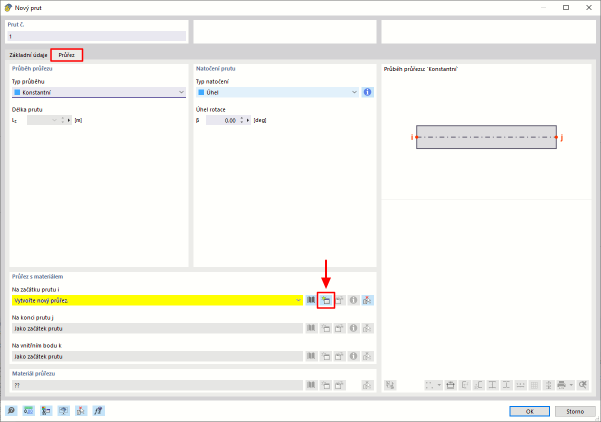 Dialogové okno pro vytvoření nového průřezu pro nosné konstrukce se specifickými parametry a rozměry.