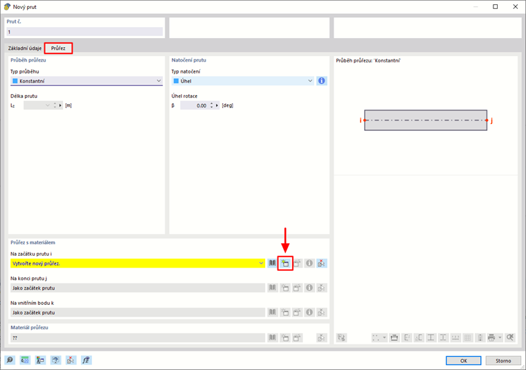 Dialogové okno pro vytvoření nového průřezu pro nosné konstrukce se specifickými parametry a rozměry.