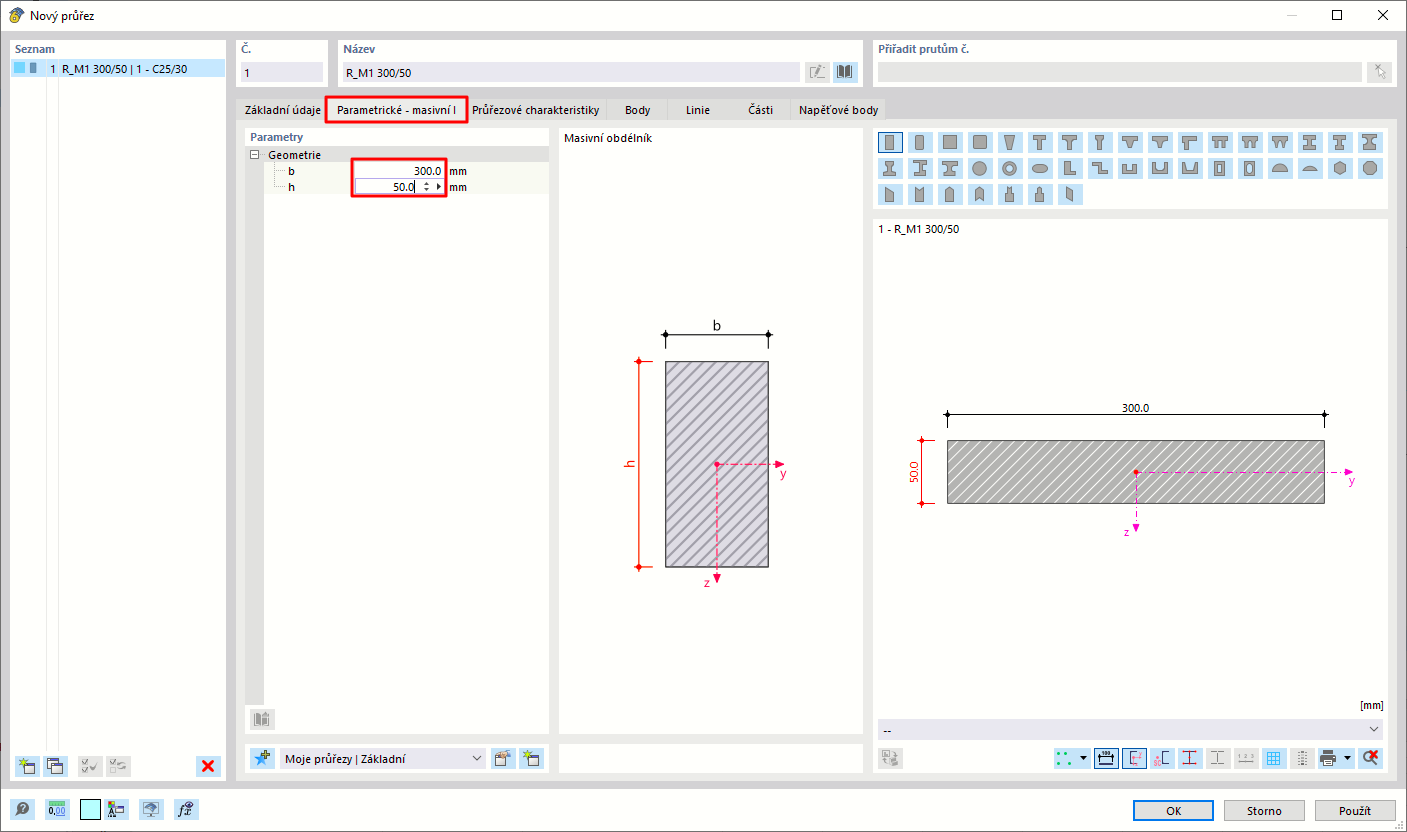 Zobrazení rozměrů průřezu silnostěnného obdélníkového průřezu.