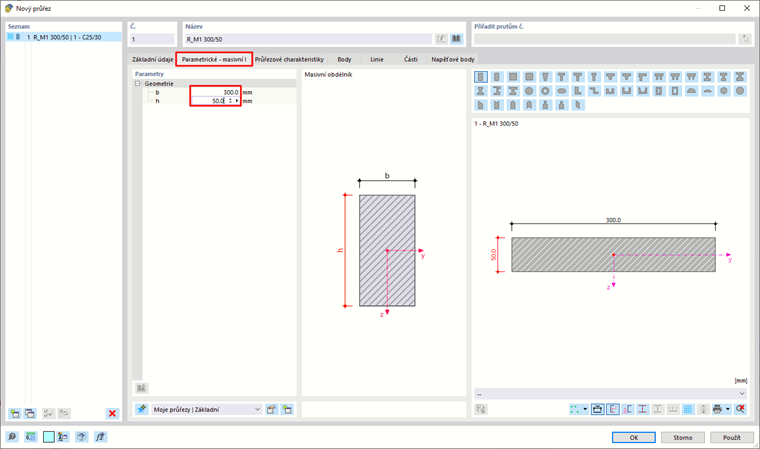 Zobrazení rozměrů průřezu silnostěnného obdélníkového průřezu.