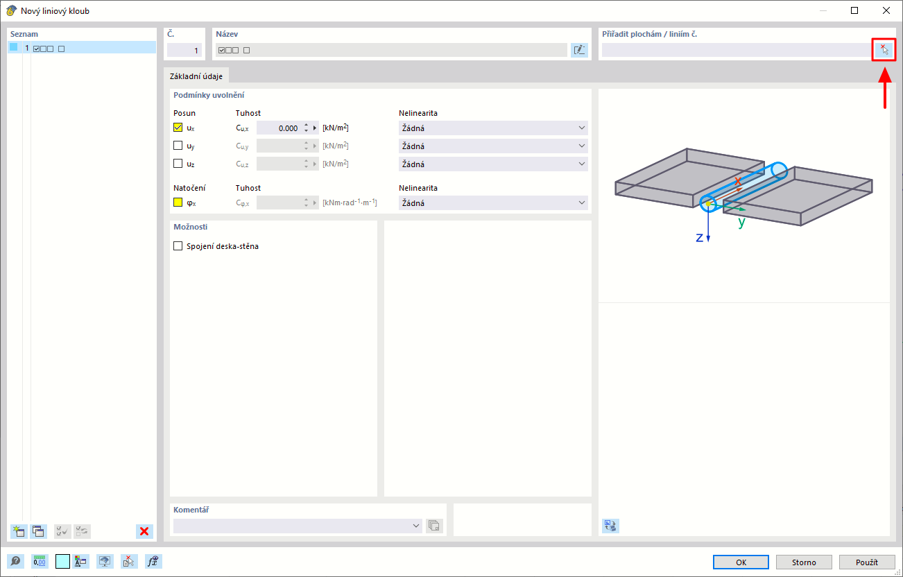 Uživatelské rozhraní nabízí dialogové okno pro konfiguraci liniového závěsu s možnostmi úprav a nastavení parametrů.