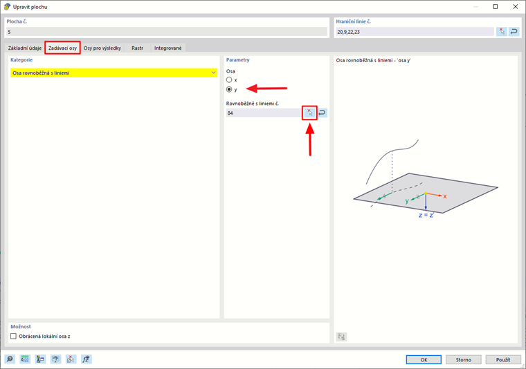 Detailní zobrazení vstupních os v trojrozměrném modelu pro přesnou analýzu konstrukce.