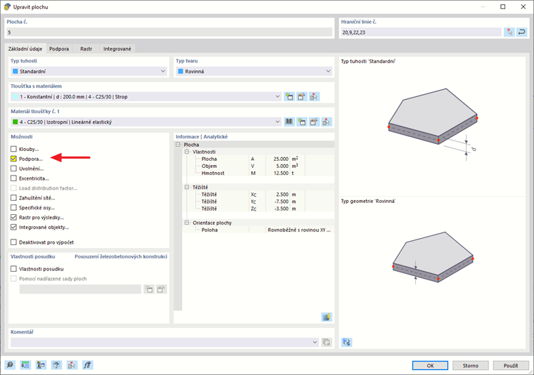 Symbolické zobrazení aktivace plošné podpory ve stavební aplikaci