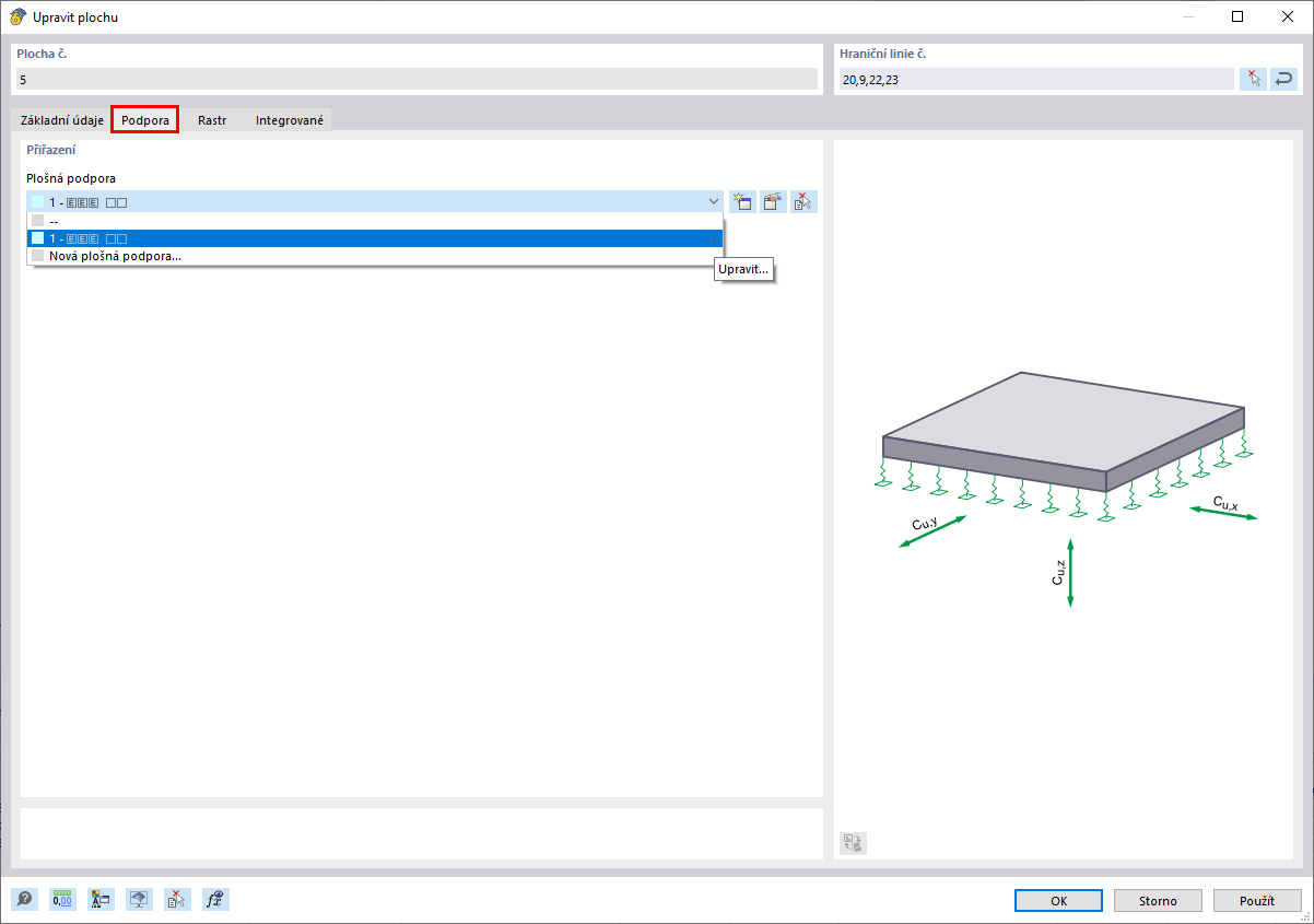 Nabídka pro výběr plošné podpory v programu pro statické výpočty pro modelování podporových bodů konstrukcí.