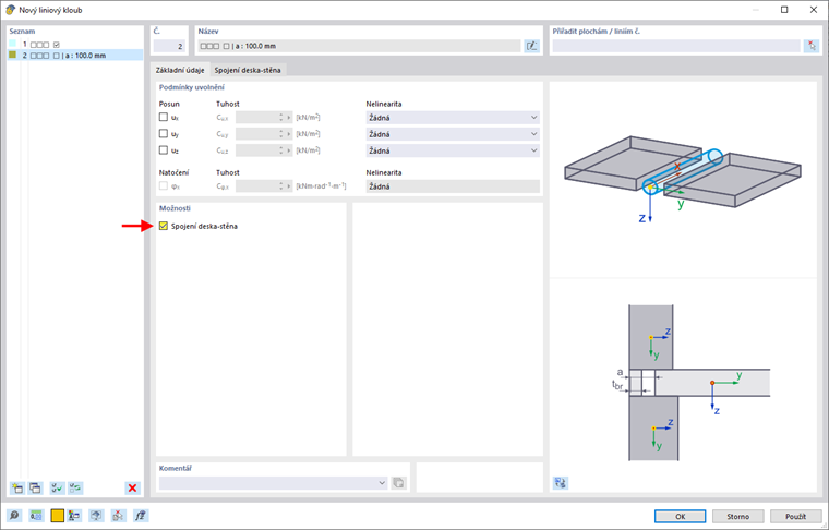 Aktivace spoj mezi deskou a stěnou v modelu budovy.
