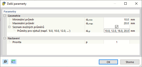 Zadat parametry pro dimenzování průměru prutu