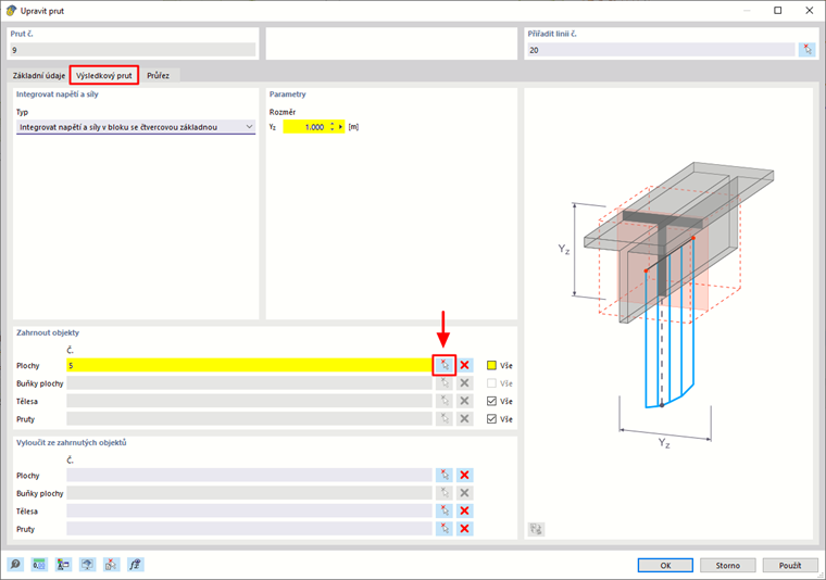 Výsledková lišta pro nastavení parametrů ploch v analytickém softwaru. Ilustruje definici specifických ploch v digitálním modelu pro studium konstrukčních vlastností.