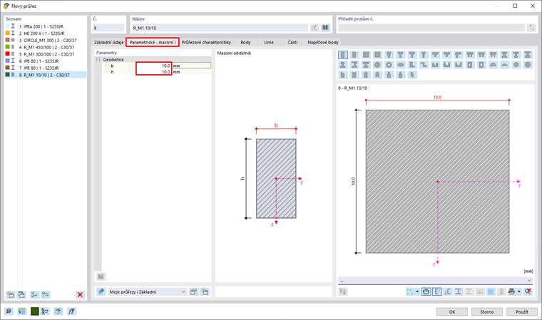 Obrazovka zobrazuje vytváření průřezu v inženýrském softwaru se specifickým zadávacím oknem.