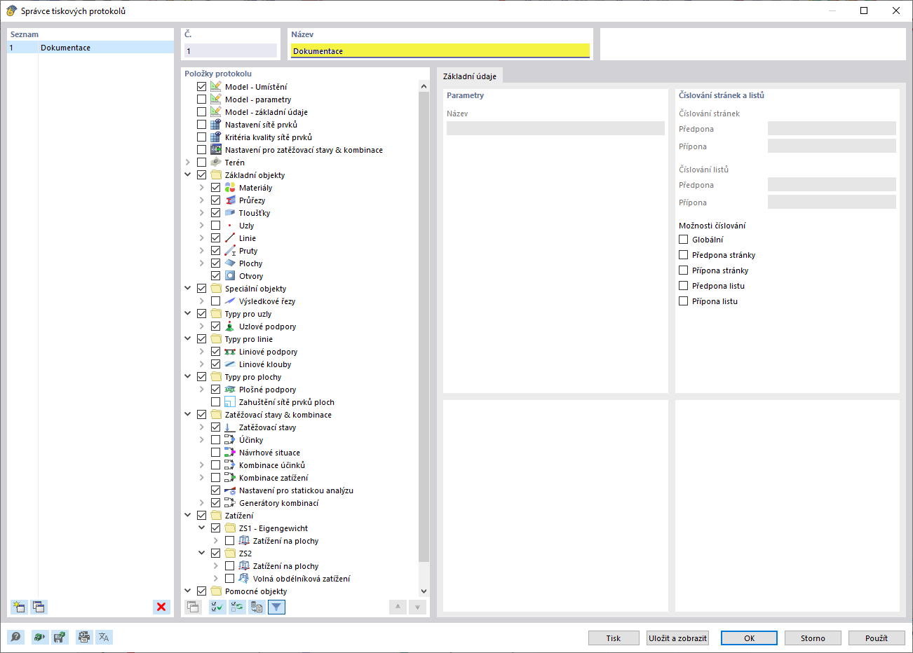 Správce tiskových protokolů zobrazuje seřazený seznam záznamů dokumentů.
