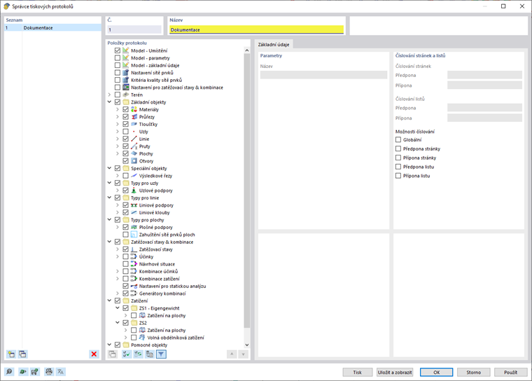 Správce tiskových protokolů zobrazuje seřazený seznam záznamů dokumentů.