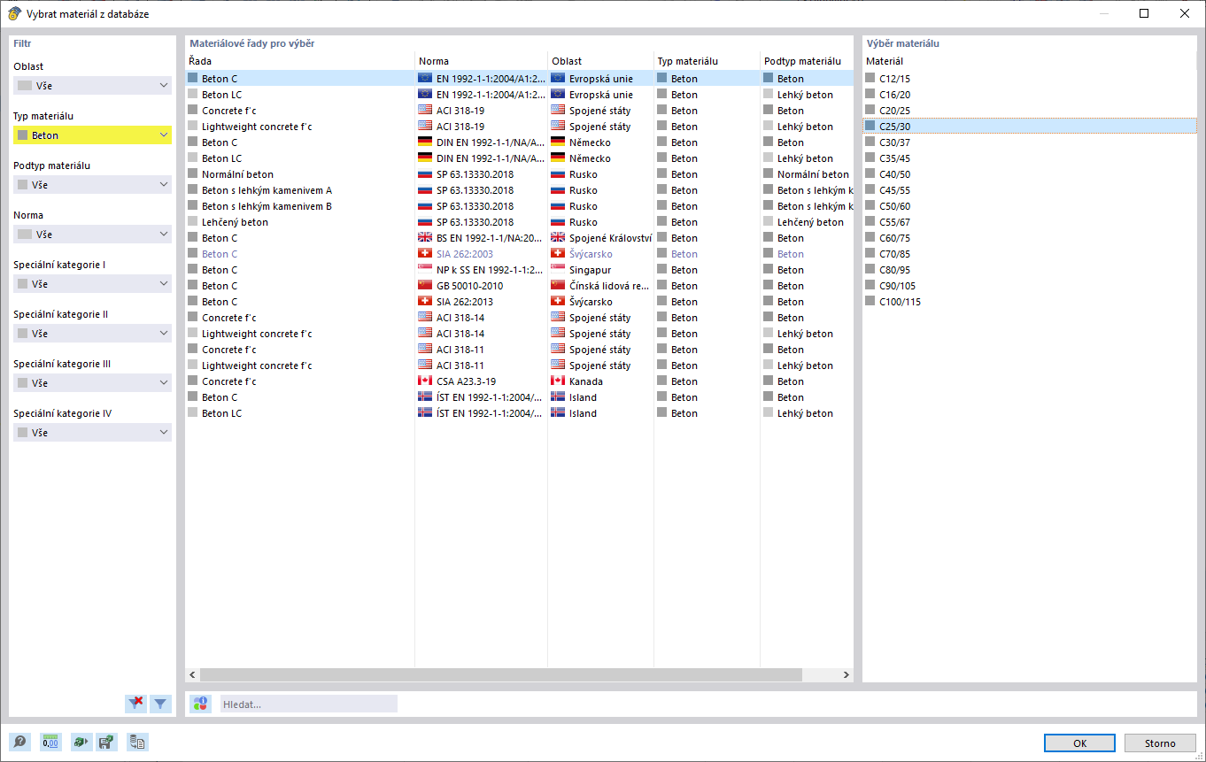 Vyobrazení materiálů pro betonové desky ve konstrukcích budov s podrobnostmi o složení a vlastnostech vrstev.