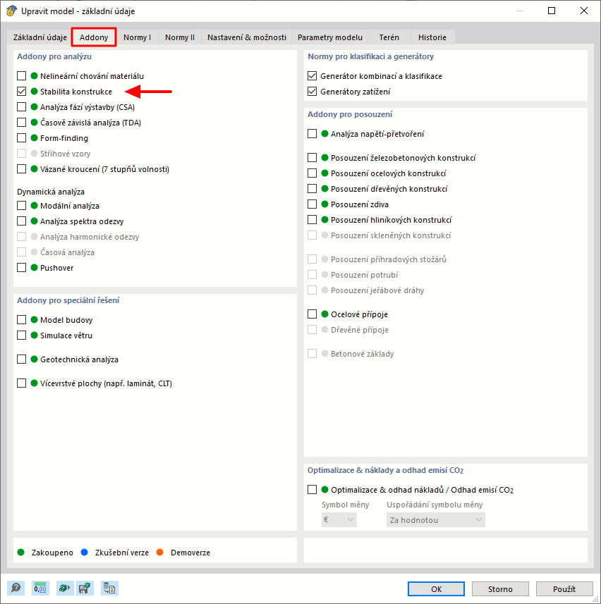 Aktivace addonu Stabilita konstrukce pro zlepšení analýzy konstrukcí