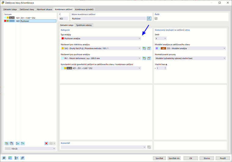 Kombinace zatížení pro analýzu pushover